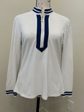Cabana Life White Long-Sleeve Sports Top with Navy Trim and Zip Placket
